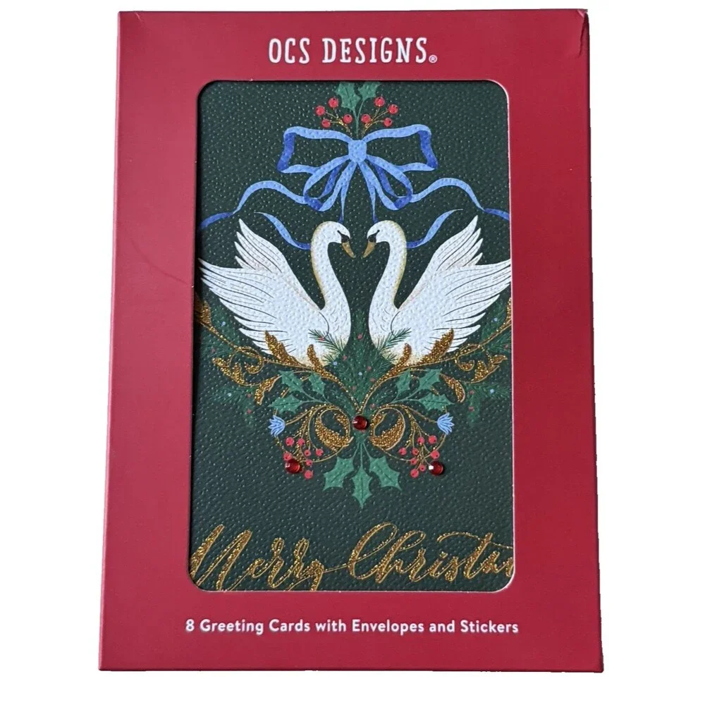 Merry Christmas Swan Note Cards Blank Box Set 8 Blank with Envelopes & Stickers